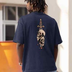 Mens Oversized T-Shirt Skull Dagger Back Print Streetwear Graphic Baggy White