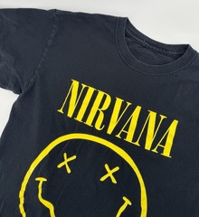 Nirvana Smiley Face Graphic T-Shirt Black And Yellow Size Small Unisex Band Tee