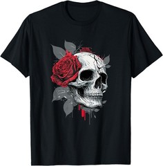 Rose Skeleton Skull Hand Red Flower Rose T-Shirt