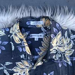 Pierre Cardin 100% Cotton Tropical Floral Plants Button Down Navy Mens Shirt L