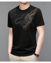 New Men Fashion Trend Dragon Rhinestones Hot Drill Short Sleeve Summer T-Shirt