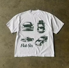 Men’s White Flat-Six Cars Graphic Print Cotton Jersey Crew Neck T-Shirt M/L