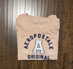 Aéropostale women’s XL Beige Pink Logo Patchwork Crew Neck Short Sleeve T-Shirt