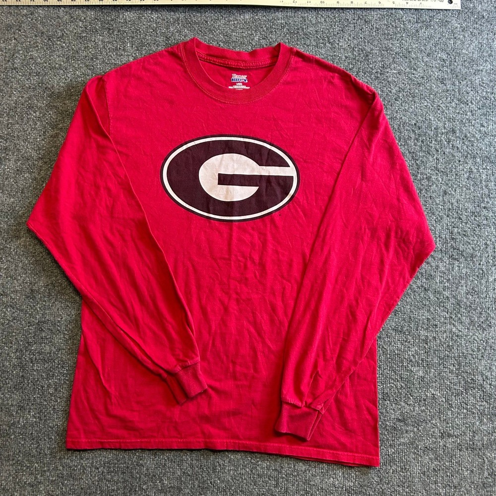 Hanes Long Sleeve Shirt Mens Size L Red Georgia Bulldogs Graphic Beefy-T Cotton