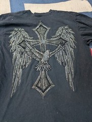 Rawyalty Couture Rhinestone Beaded Cross Wings T-Shirt L Vintage Y2K Cyber