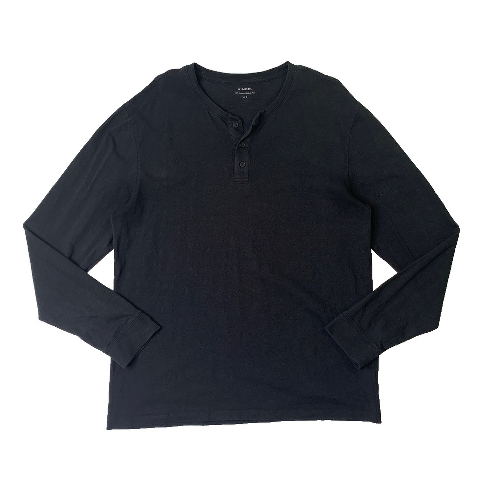 Vince Shirt Mens L Large Black Cotton Long Sleeve Henley Lightweight Casual Tee