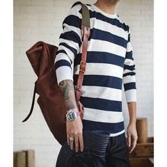 Mens Long Sleeve Stripe T-Shirt New Casual Classic Fit Crew Round Neck Tee Tops