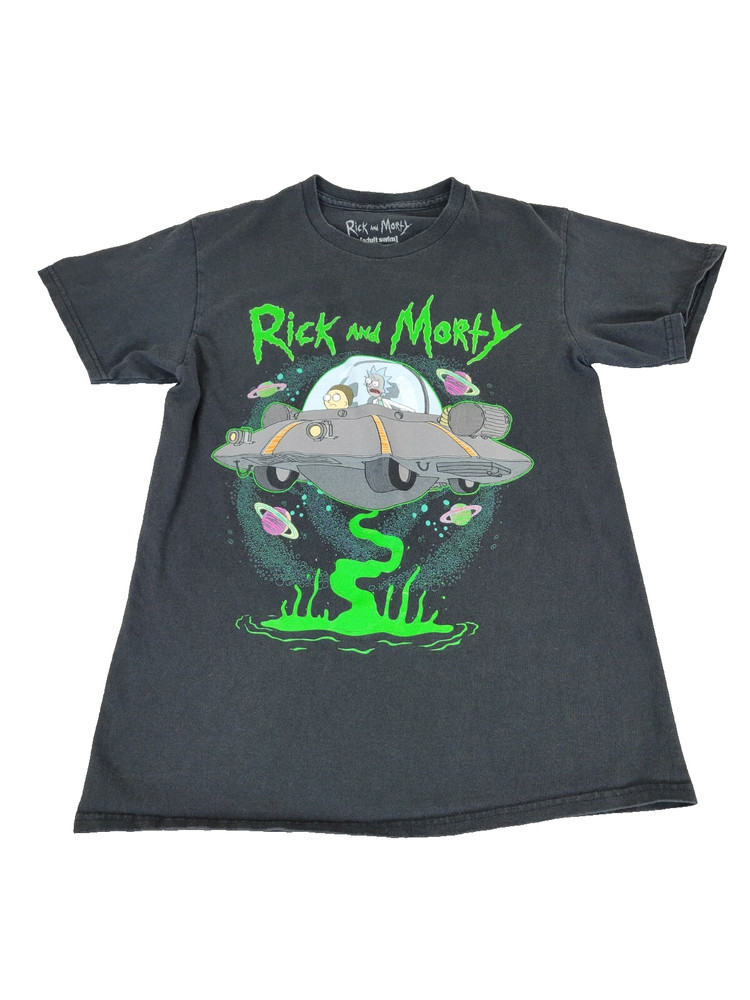 Rick and Morty T-Shirt Adult Swim Size Small Alien Ship Dump Graphic Black
