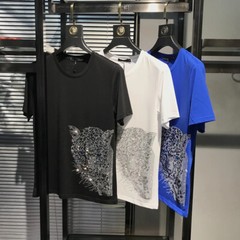 New Fashion Trend Leopard Hot Drilling Rhinestones Summer Luxury Men T-Shirt