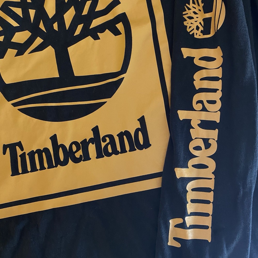 Timberland Long Sleeve T-Shirt Mens M Black Tan Logo Crew Neck Regular Graphic