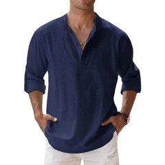 Men’s Cotton Linen Henley Long Sleeve Shirt Casual Beach T-shirt Tee Summer Gift