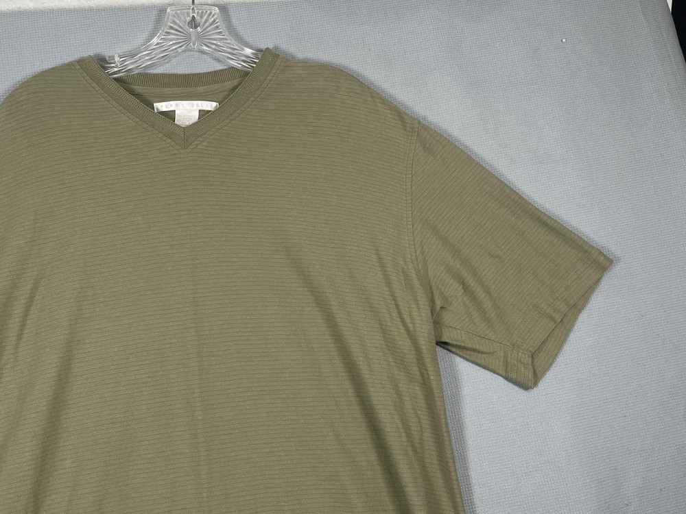 VTG Perry Ellis Shirt Mens XL Green Striped V-Neck Cotton Rayon T-Shirt Tee Y2K