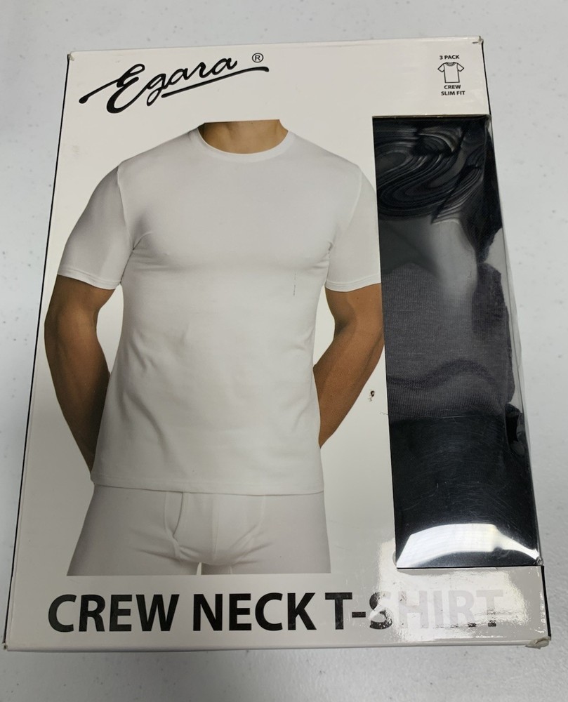 Egara Crew Neck T-Shirt 3 Pack Black Gray Slim Fit Cotton Stretch Size L NOB NEW