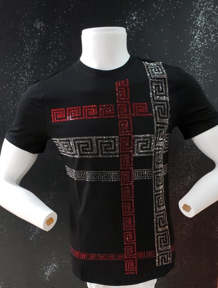 Men’s Italian fashion Short Sleeve black T-shirt rhinestone Red/Silver Greek Key