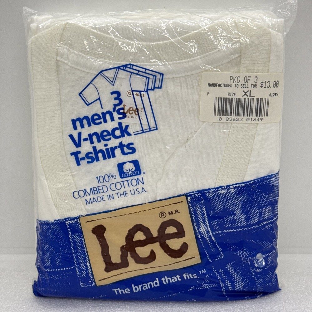 Vintage LEE V-Neck T Shirts Size XL 46/48 USA 100% Combed Cotton White NEW NOS