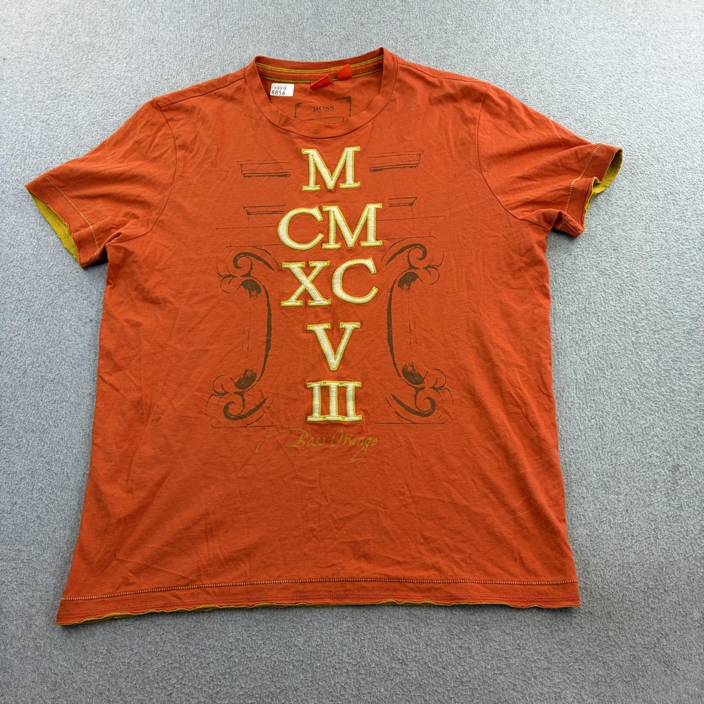 Hugo Boss Shirt Mens Large Orange Short Sleeve Roman Numeral Boss Orange Adult
