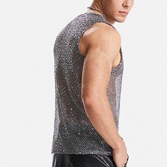 Mens Glitter Sheer See Through Fishnet Tank Top Sexy Mesh Muscle Vest S 3XL