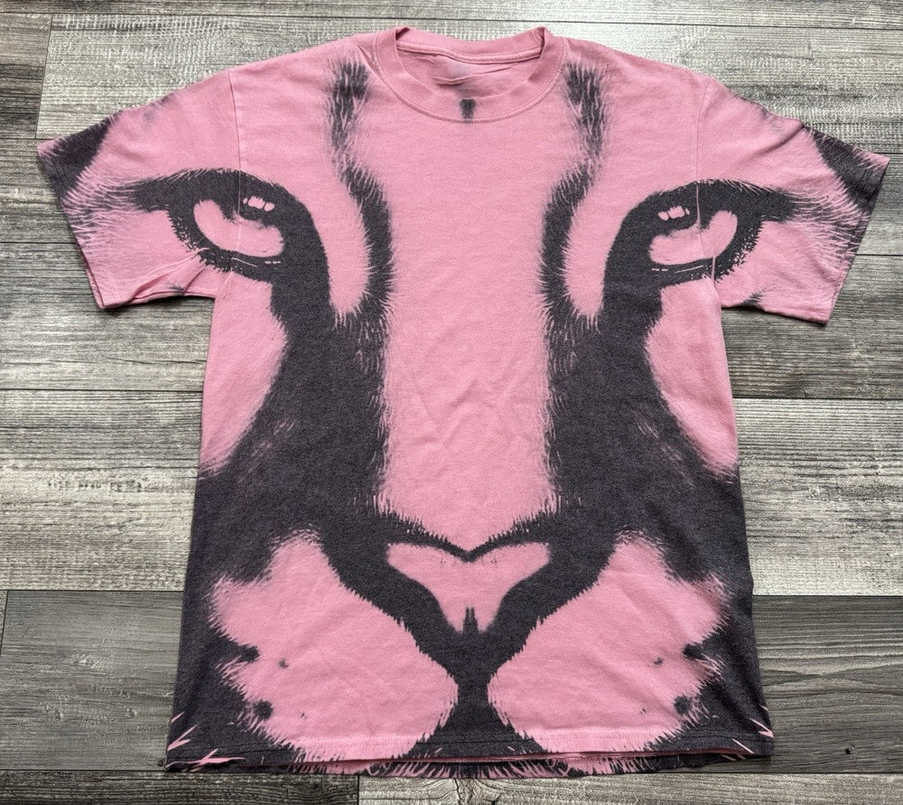 Lion Tiger Big Cat Face Animal Print Shirt Adult Size Large Pink Short Sleeve