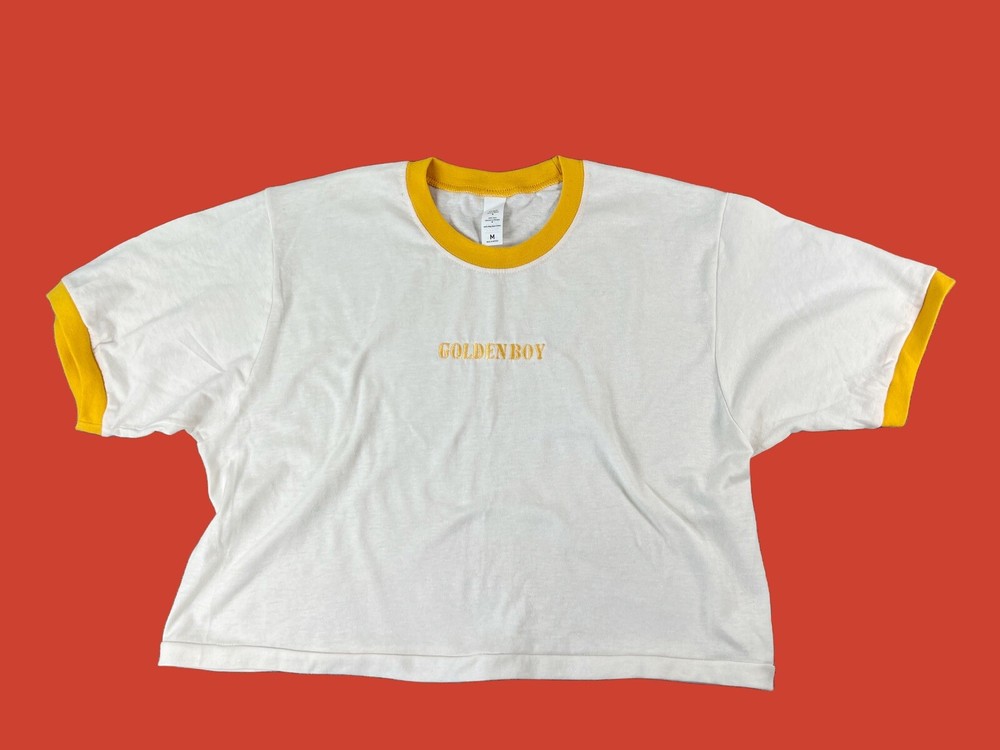 Personalizable Golden Boy custom embroidery men White ringer crop top T-shirt