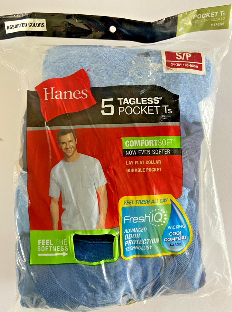 Hanes 5 Tagless Pocket Ts Shirt Comfort Fresh IQ Assorted Colors Small 34-36