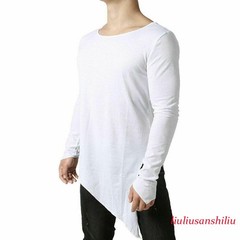 Mens Asymmetric Slit Hem Summer T-shirt Top Tee Long Sleeve Pullover Shirt Hot