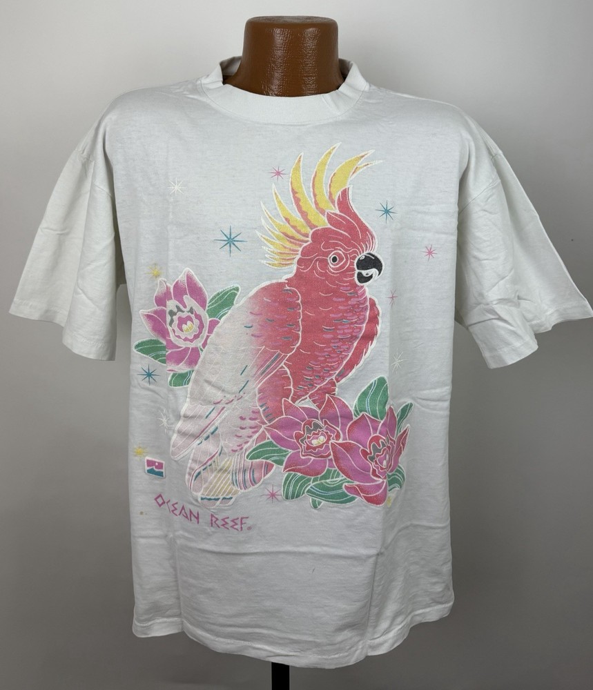 Vintage Florida Shirt Mens XL 90svTropical Bird T-shirt Lotus Flower Ocean Beach