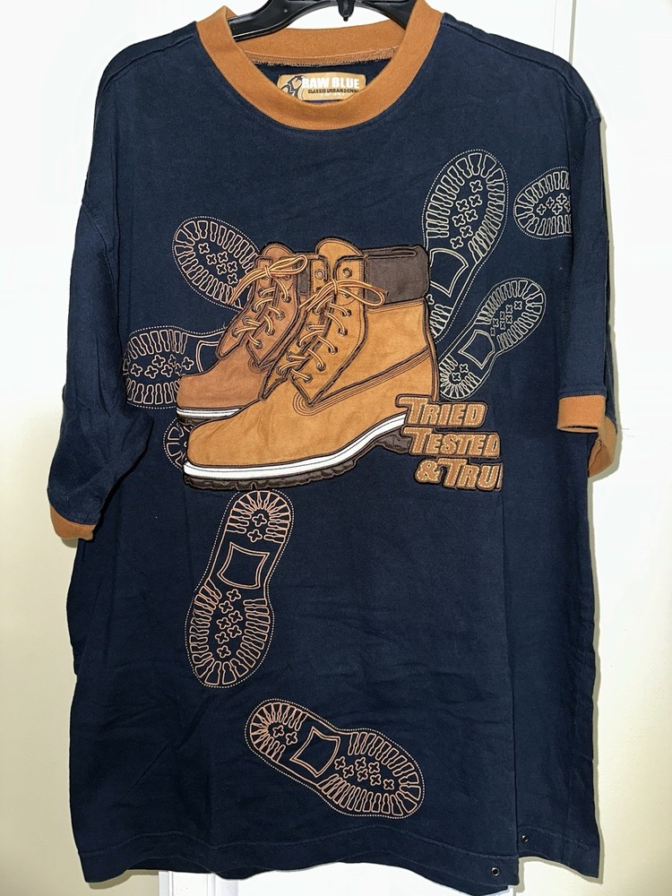 Vintage Raw Blue Shirt Timberland Boots Tried Trusted True Lace Up RARE Y2K XL