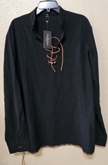 Men’s Casual Long Sleeve Henry Shirt Lace-Up Stand-Up Collar Cotton Linen Blouse