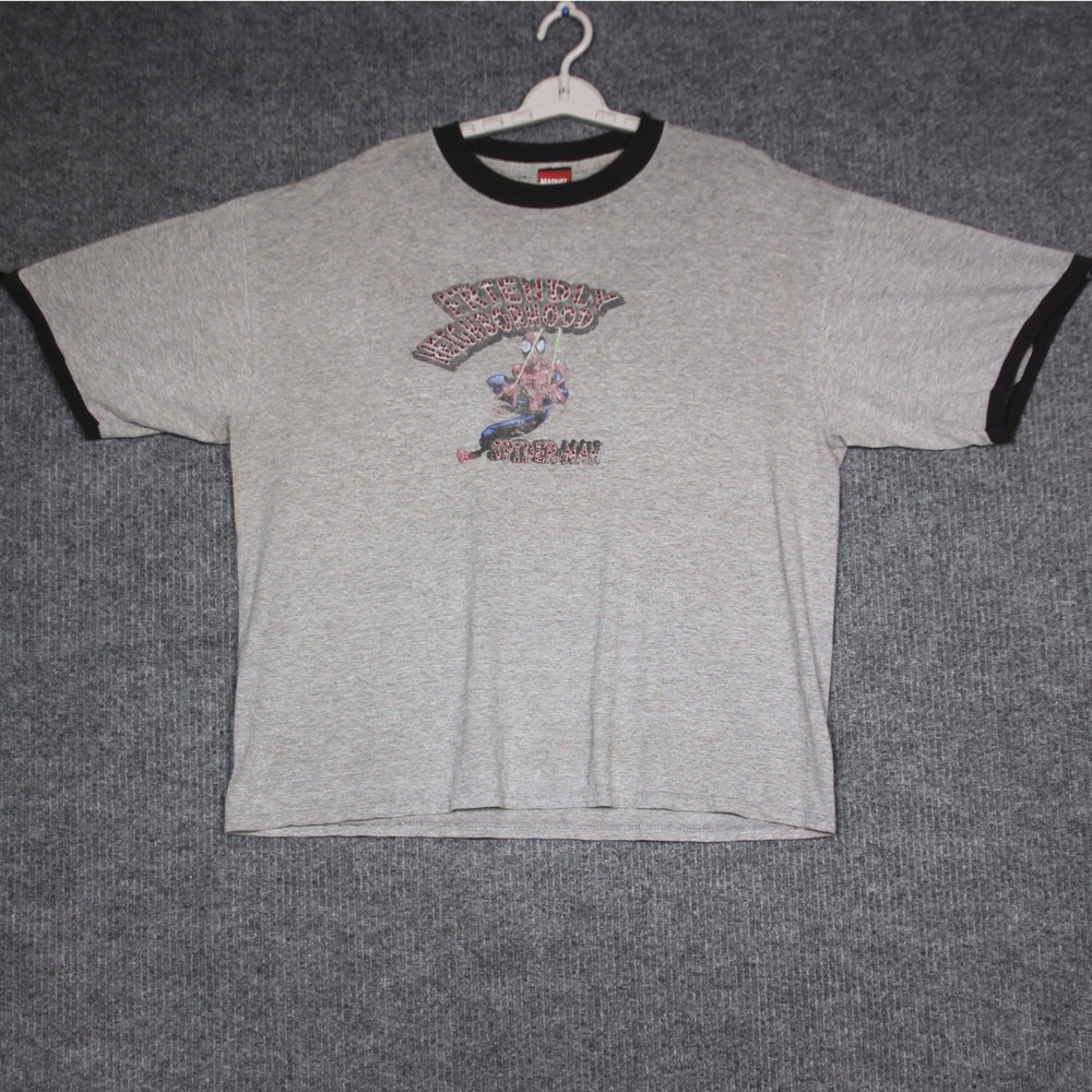 Vintage Marvel Spiderman T Shirt Friendly Neighborhood Graphic Gray Ringer Mens