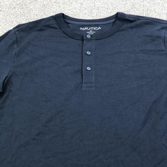 Nautica Shirt Mens Medium Navy Short Sleeve Henley Tee Tagless Nautical Logo