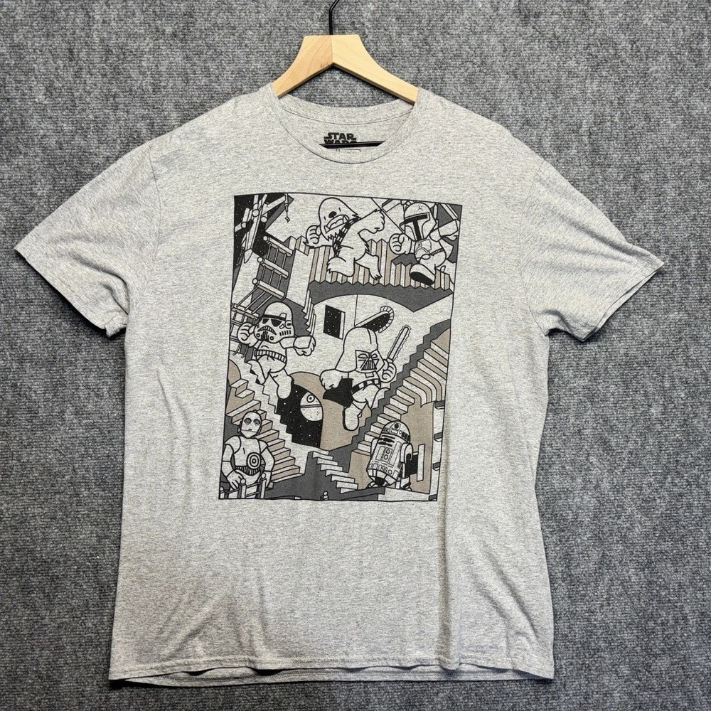 Star Wars Escher Stairs T-Shirt Vader Stormtrooper R2-D2 Grey Graphic Tee Shirt