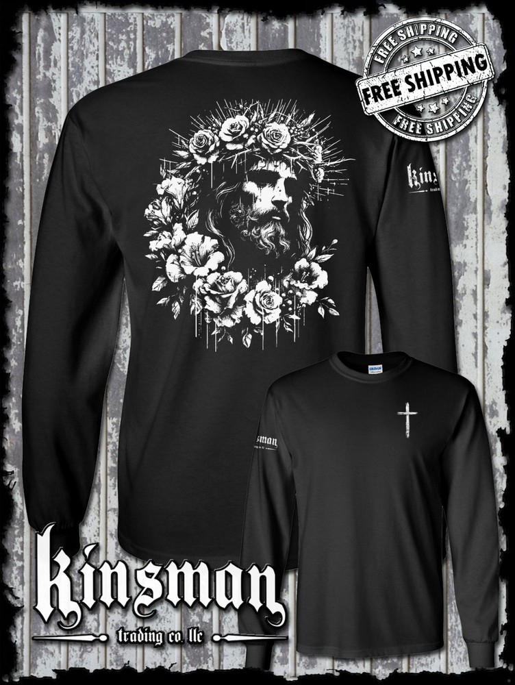 Jesus Portrait Roses 2-Sided Long Sleeve T-Shirt – Christ God Cross Faith