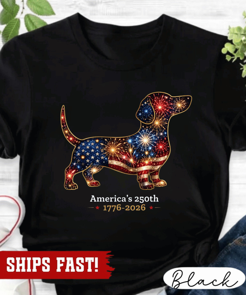 Dachshund America’s 250th Shirt, Patriotic Wiener Dog Tee, USA Fireworks Puppy G