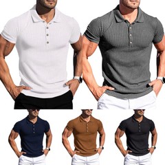 Men Ribbed Muscle Stretch Slim Fit Short Sleeve T-Shirt Summer Collar Casual Top