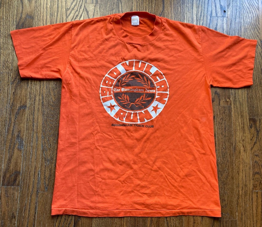 VTG 1980 Vulcan Run T Shirt Size XL Birmingham AL Marathon Single Stitch Orange
