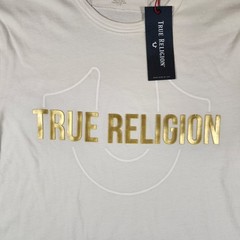 True Religion Shirt Men Large White Optic Tee Gold Metallic Logo Print New