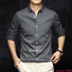 Spring Mens Long Sleeve Shirt Silk Cotton Business Casual Formal Slim Fit Shirts