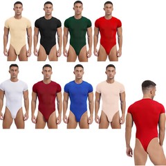 Mens Short Sleeve Bodysuits Athletic High Waist Jumpsuit Stretchy Button Bodycon