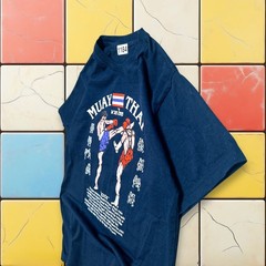 VTG Muay Thai Y2K Kick Boxing Shirt Men S Navy MMA Thailand Tee Kick Leeson