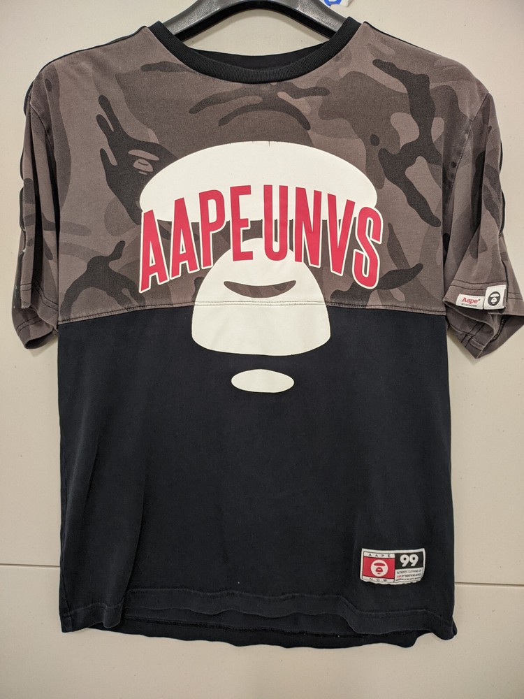 A Bathing Ape Shirt Mens L Black Ape Face Camo Panel Tee Taped Sleeve Contrast