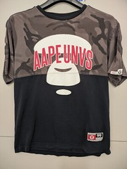 A Bathing Ape Shirt Mens L Black Ape Face Camo Panel Tee Taped Sleeve Contrast