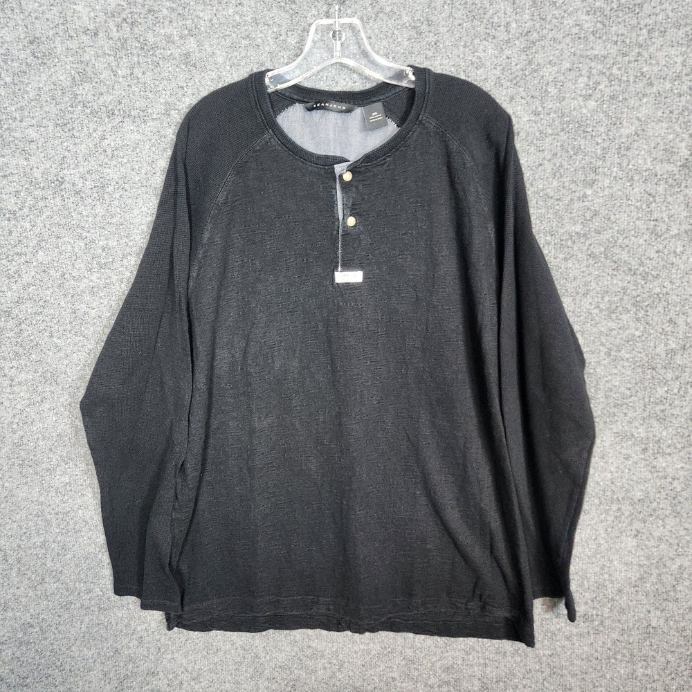 Sean John Mens Henley T-Shirt 2XL Black 100% Cotton Round Neck Long Sleeve