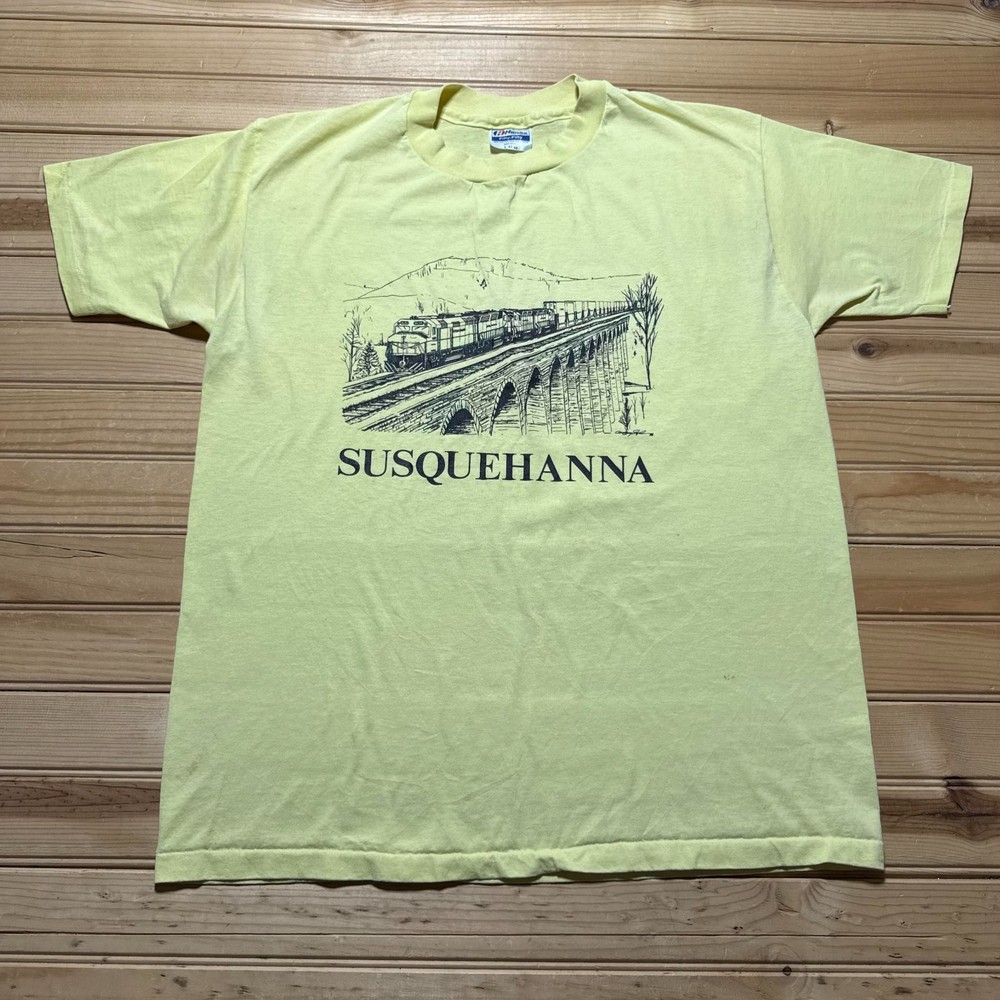 Vintage 80s Hanes Susquehanna Railroad Train Bridge Graphic T-Shirt USA – Large