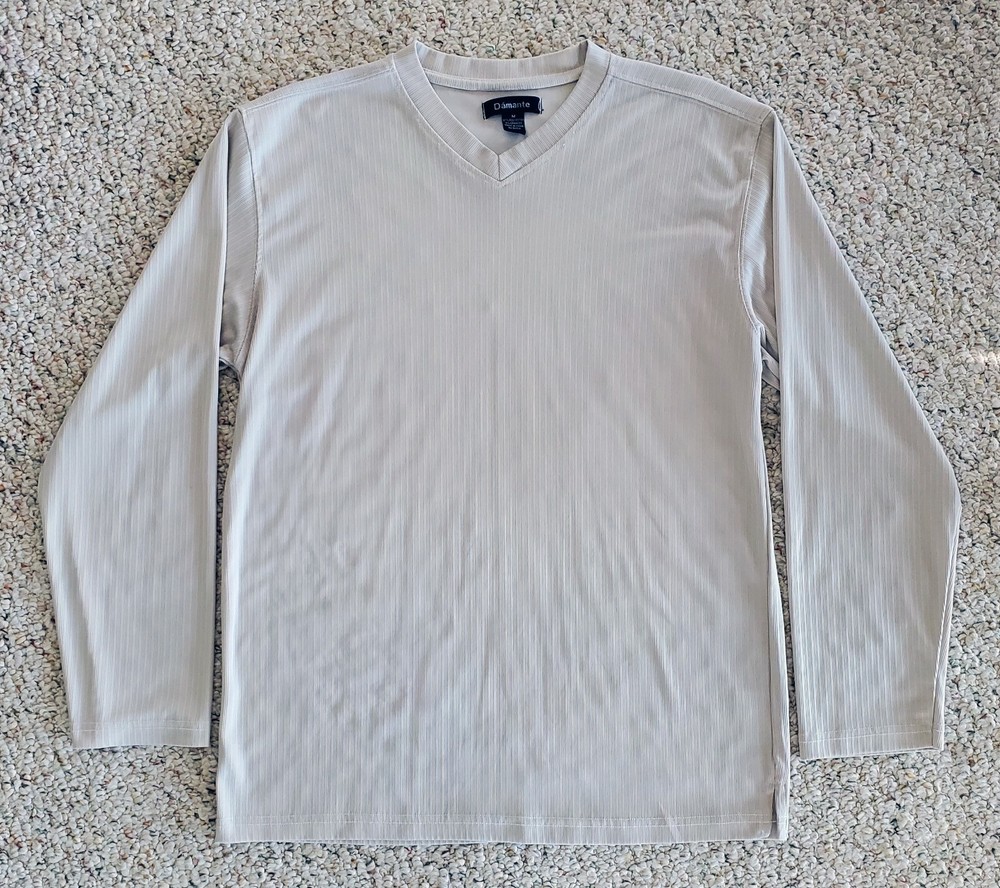 Damante Long Sleeve V-Neck Polyester Ribbed Shirt Beige / Cream, Medium