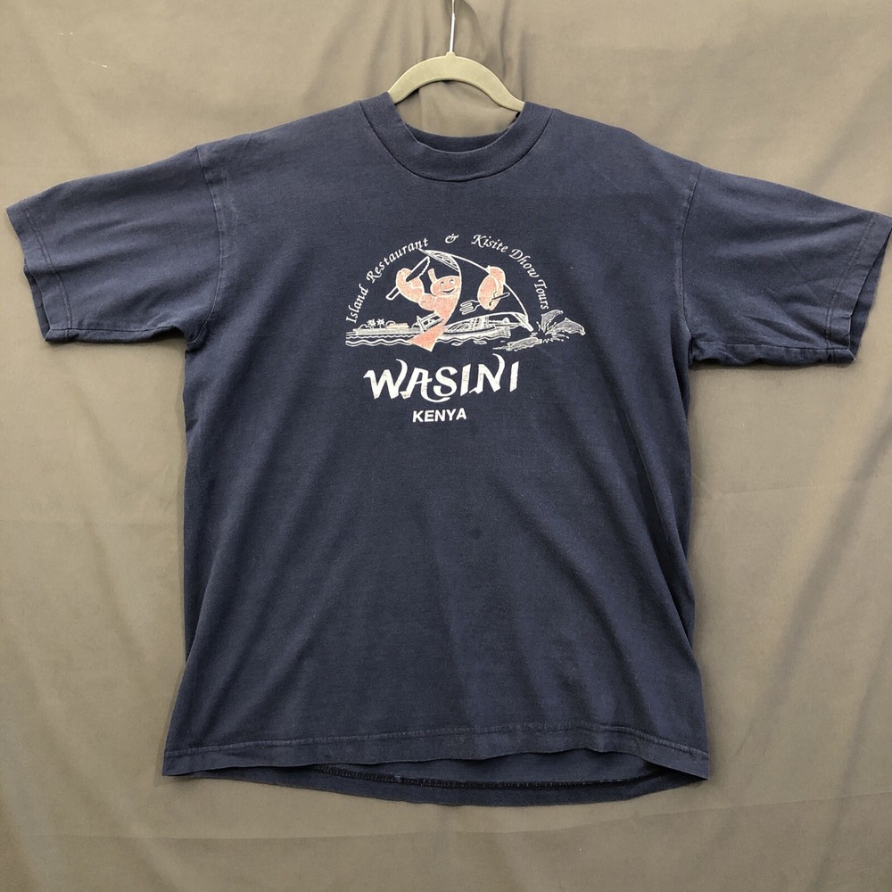 Kenya Africa T-Shirt Vintage Wasini Mens Medium Blue Texprint Short Sleeve Tee