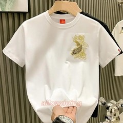 Men’s Luxury Koi Fish Embroidered Cotton T-Shirt Casual Short Sleeve Slim Fit Te
