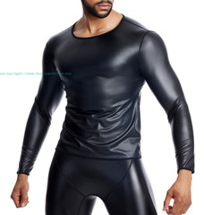 Men’s Round Neck Long Sleeve PU Leather T-shirt Party Club Pullovers Tops Casual