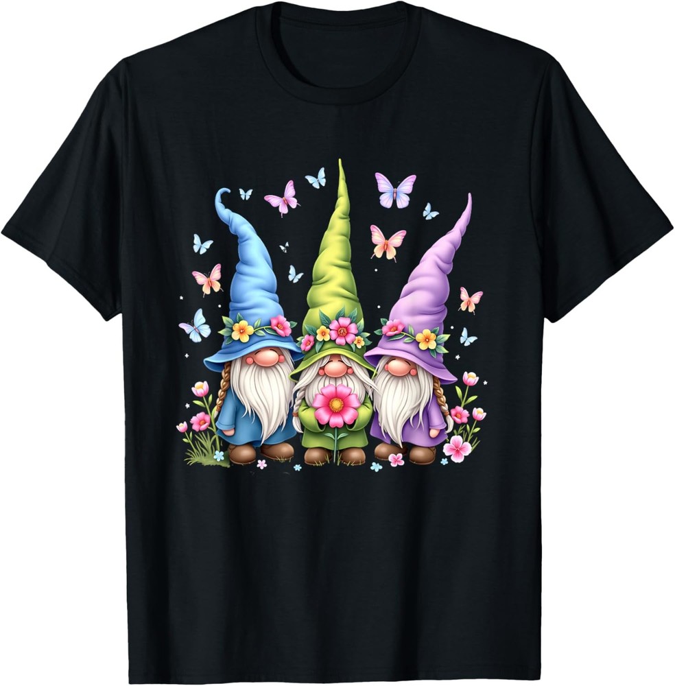 Whimsical Gnome Trio with Flowers and Butterflies T-Shirt