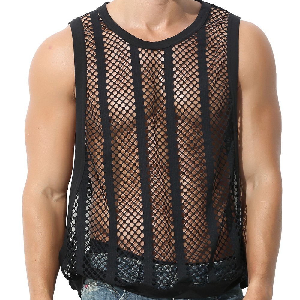 Sexy Men’s T-Shirt Mesh Fishnet Sleeveless Undershirt Muscle Hollow Out Tank Top