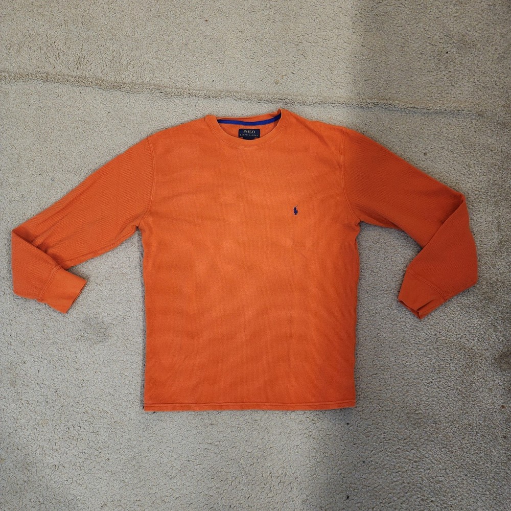 Polo Ralph Lauren Shirt Mens Large Orange Thermal Waffle Knit Long Sleeve Top
